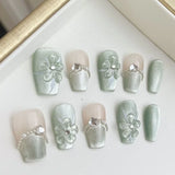 Popxstar  10pcs Summer Handmade Fake Nails Art Green French Short Ballet False Nail Tips Wearable Flower Pearl Design Press on Nails Sets