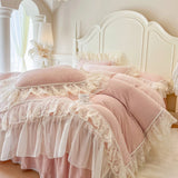 Popxstar  Romantic Lace Ruffles Handmade Beads Velvet Winter Warm Thickened Princess Bedding Set Duvet Cover Bed Skirt Pillowcases 4Pcs