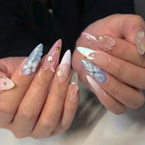 Popxstar 24pcs Silver Almond False Nails Oval Decorated Cloud Milk Wearable Fake Nails Short Press On Nail Coffin Detachable French Tips