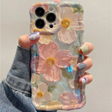 Retro Oil Painting Phone Case For IPhone 16 15 14 13 12 11 Pro Max Luxury Laser Oil Painting Flowers Print Shockproof Cover