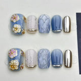 Popxstar  10pcs Yellow Short Almond Handmade False Nails Art with Golden Pattern Design Press on Nails Tips Wearable Christmas Fake Nail