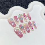 Popxstar 10Pcs Set Blue Handmade Press On Nails Snowflakes Ballet with Rhinestones False Nails Decoration Manicure Fake Nails Tips Art