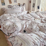 Popxstar Korean Style Floral Ruffles Knitted Double Yarn Bedding Set Double King Queen Size Duvet Cover Flat/Fitted Bed Sheet Pillowcases