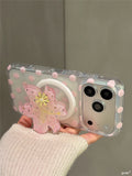 Cute Pink Polka Dot lily flower Magnetic Phone Case for iPhone 13 14 15 16 17ProMax Shockproof Wireless Charge Cover for Magsafe