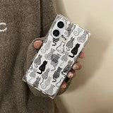 Cartoon Sketch Cats Pattern Right Angled Edge Case For iPhone 17 16 15 13 14 12 Pro Max Clear Phone Back Cover