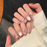 10pcs Pink Flowers Press on Nails Short Square Fake Nails Press Ons Shiny Cat Eye Gentle False Nails Sweet French Pearl Nail Art
