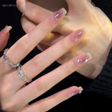 Popxstar  Y2K Style Fake Nails with Silver Star Designs Gradient Purple Press on Nails Medium Length Ballet False Nails for Women Party