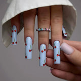 Popxstar  24Pcs Long Ballerina Fake Nails Blue French Style Press on Nails Ballet Bowknot Rhinestone Designs Wearable False Nails Tips