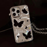 Popxstar Holographic Black Butterfly Phone Case with Lanyard for iPhone 15 PRO MAX  PLUS 14 13 12 Reflective Fashionable Phone Cover