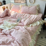 Popxstar Pink Korean Princess Style Lace Ruffles Bedding Set Skin-friendly Seersucker Duvet Cover Set Fitted Sheet/Bed Sheet Pillowcases