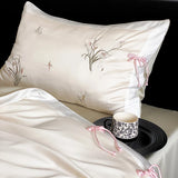 Popxstar  Chinese Style Orchid Embroidery Luxury Bedding Set 800TC Lyocell Silky Cooling Duvet Cover Flat/Fitted Bed Sheet Pillowcase 4Pcs