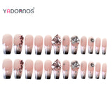 Popxstar  24Pcs Pink Fake Nails Y2K Style Press on Nails Big Sparkly Rhinestone Designs Black French Tips False Nails for Women y2k Girls