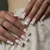 Popxstar 24Pcs Pure White French Press on Nails Long Square Head False Nails with Pearl Pink Bow Design Ballet Wearable Fake Nails