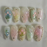Popxstar 24pcs Sweet False Nail Patches Detachable Fake Nail Tips With Bowknots Love Heart Pearl Design Pink Almond Korean Press On Nail