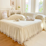 Popxstar shabby chic Princess Style Lace Bed Skirt + Pillowcases Bedding Bedspreads Sheet Pink Lace Bedding Set Solid color Bed For Girl Bed Cover