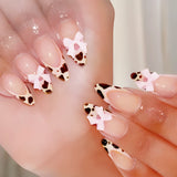 popxstar 24Pcs Pink French Style Fake Nails 3D Bowknot Designs Short Square Press on Nails Sweet Korean Fashion False Nail for Women Girl