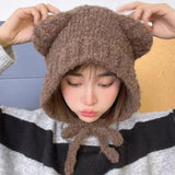 Popxstar Autumn Winter Cute Bear Ear Thermal Knitted Hat Women with Tape Ear Protection Beanie Hat Japanese Korean Versatile Skullies Hat