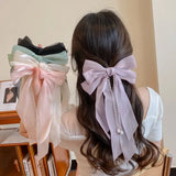 Popxstar Elegant Bow Ribbon Hairpin for Women Long Tassels Pearl Pin Bowknot Stain Hair Clip Retro Headband Girl Hair Accessories Jewelry