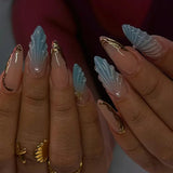 Popxstar 24pcs Romantic Y2k Star Press On Nails Gradient Blue French Style Gold Moon Designs Fake Nail Sweet Almond False Nails For Women