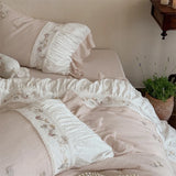 Flowers Embroidery Pleated Ruffles Bedding Set Double Layer Crepe Yarn 100% Cotton Duvet Cover Flat/Fitted Sheet Pillowcase 4Pcs