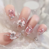 popxstar 24Pcs Mid-Length Fake Nails 3D Flower Pearl Designs Nude Pink Color Press on Nails Ballerina False Nails for Women DIY Manicure