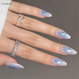 Popxstar  Y2K Girls Almond Fake Nails Gradient Blue Press on Nail Star Printed Full Cover Wearable False Nails Tips for Women DIY Manicure