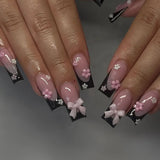 popxstar Black Y2K Press on Nails Long Coffin Pink Fake Nails with Diamond Designs Gradient Color Wearable False Nail for Women 2025 New