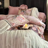 Popxstar  600TC Egyptian Cotton Thickened Brushed Rose Print Lace Ruffles Bedding Set Duvet Cover Flat/Fitted Bed Sheet Pillowcases 4Pcs