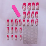 Popxstar 24 sweet cherry blossom red printed coffin full cover fake nails, French white, suitable for women's daily wear, 1 nail file and