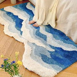 Popxstar  Blue Sea Wave Flocking Rug Bedroom Rug Corridor Area Floor Pad Mat Doormat Aesthetic Home Decor