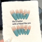 Popxstar  10pcs Nude Handmade Press on Nails Tip Spring Cat's Eye French Rhinestone Oval Fake Nail Simple Butterfly False Nail Reusable