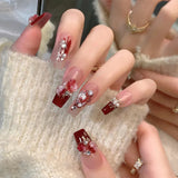 popxstar Long Ballet Press on Nails Red Rose Flower Designed Full Cover Fake Nails French Style Wearable False Nails Tips for Women