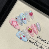 Popxstar  10Pcs French Almond Handmade Press on Nails Fake Nails with Cherry Pattern Wearable Stick-on Nails False Nail