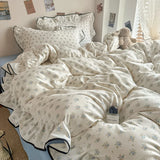 Popxstar Korean Style Floral Ruffles Knitted Double Yarn Bedding Set Double King Queen Size Duvet Cover Flat/Fitted Bed Sheet Pillowcases