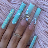 Popxstar  24Pcs Long Ballerina Fake Nails Blue French Style Press on Nails Ballet Bowknot Rhinestone Designs Wearable False Nails Tips