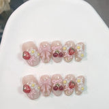 10Pcs Lovely Sweet Bowknot Fruit Nail Summer Flowers Pearl Press on Nails Colorful Almond French False Nails Cat Eye Fake Nails