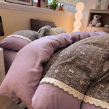 3/4Pcs Bedding Set Korean Lace Trim Purple 2-Seater Bed Down Duvet Cover Queen Sheets Bed Linen Cotton Full-Size Four-Season