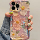 Retro Oil Painting Phone Case For IPhone 16 15 14 13 12 11 Pro Max Luxury Laser Oil Painting Flowers Print Shockproof Cover