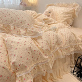 Popxstar  3/4Pcs Korean Princess Style Floral Lace Ruffle 100% Cotton Bedding Set Duvet Cover Bed Skirt/Bed Sheet/Fitted Sheet Pillowcases