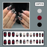 Popxstar  Red/Black Fake Nails 24Pcs Halloween Nails Press On Short Square French False Nails Patches Alloy Spider Designs for Party