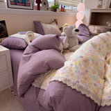3/4Pcs Bedding Set Korean Lace Trim Purple 2-Seater Bed Down Duvet Cover Queen Sheets Bed Linen Cotton Full-Size Four-Season
