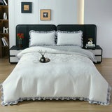 Popxstar  4Pcs Knitted Cotton Soft Luxury Bedding Set Quilted Ruffles Duvet Cover Set Bed Sheet Pillowcases Queen King Size