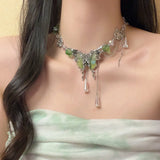 Popxstar  Y2K Hot Girl Green Butterfly Necklace Imitation Crystal Beaded Tassel Collarbone Chain Exquisite Fashionable Neckband Girls Gift