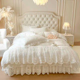 popxstar 4/6Pcs Pink Princess Wedding Lace Embroidery Korean Style Bedding Set King Queen Size Duvet Cover Bed Skirt Bedspread Pillowcase