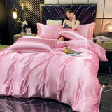 popxstar Solid Rayon Silk Bedding Set with Duvet Cover Bed Sheet Pillowcases Luxury King Single Double Couple Satin Pillow Case Bedsheet