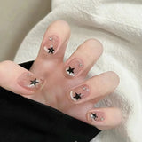 popxstar Nude Color Y2K Star Press on Nails Cat's Eyes Fake Nails Rhinestone Designed Short Wearable False Nails for Women DIY Manicure