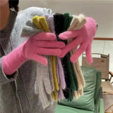 Popxstar Female Elastic Full Fingers Gloves long Rabbit Wool Gloves Women Winter Mittens  Solid Color Mittens Thicken Warm Gloves