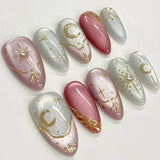 24pcs Red Cat Eye Press on Nails Pearl Heart Stick on Nails Bow French Fake Nails Sweet Cute Flower Nail Almond 3D False Nail