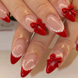 Popxstar  24PCS French Almond Fake Nails With Red Bow And White Pearl Design, Fully Covered Acrylic Fake Nails For Women