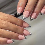 Popxstar 24Pcs Cat's Eye Design Fake Nail with Glue Short French False Nails Simple Oval Press on Nails Wearable Full Cover Nail Tips
